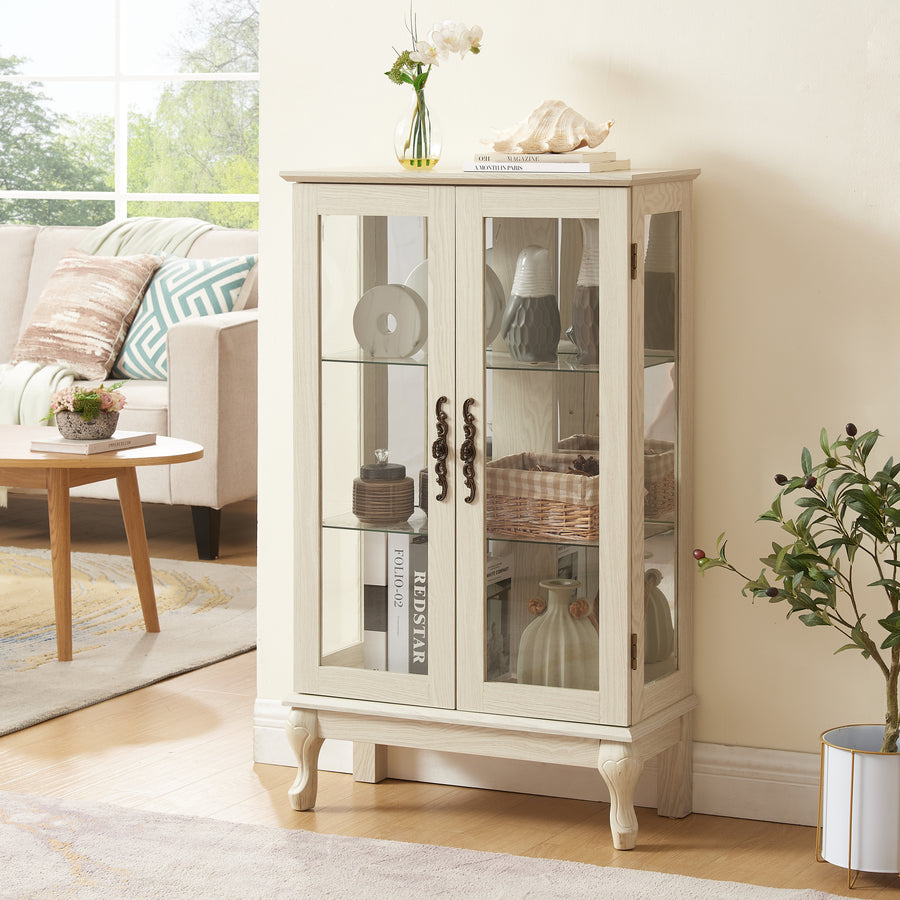 Lighted Curio Cabinet with Tempered Glass Doors and Mirrored Back, White, view 9