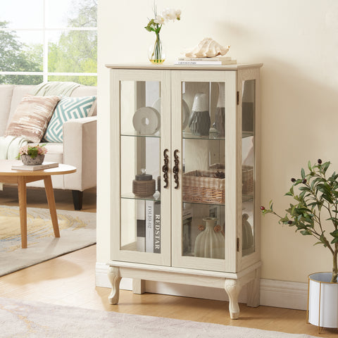 Lighted Curio Cabinet with Tempered Glass Doors and Mirrored Back, White, view 9