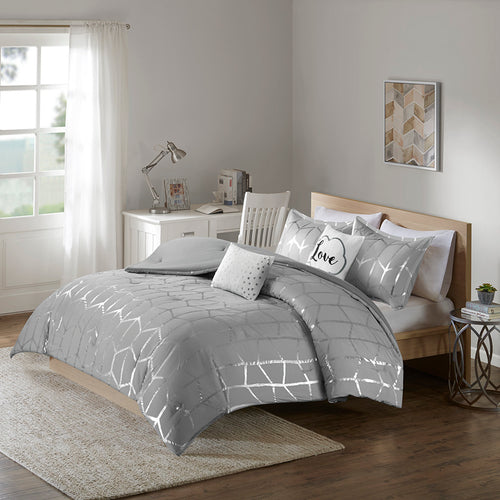 Metallic Print Comforter Set with Shams and Decorative Pillows, Full/Queen, Grey and Silver