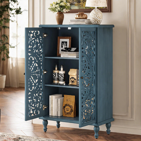Farmhouse Accent Cabinet with Carved Hollow Doors and Turned Legs, Antique Blue, view 4