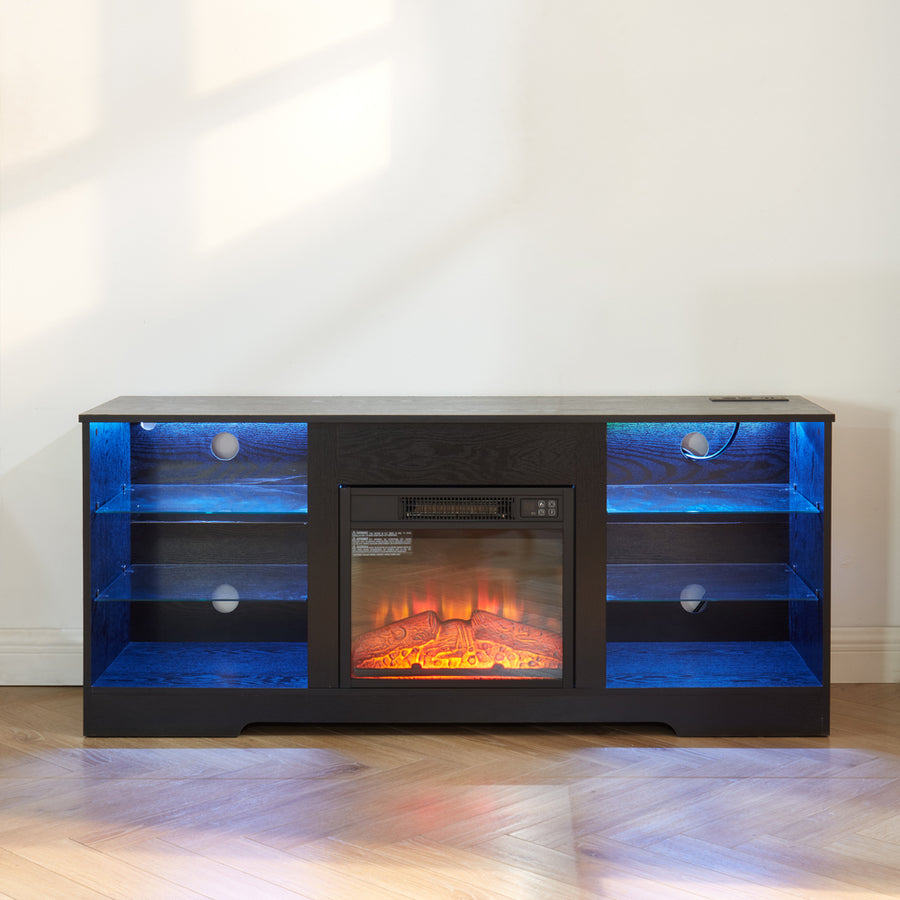 Electric Fireplace TV Stand with LED Lights and Glass Shelves, Black, view 17