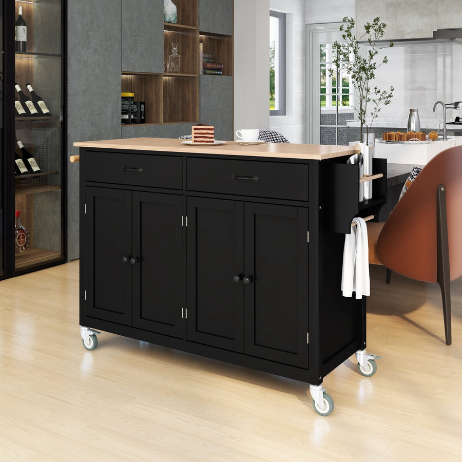 54.3' Kitchen Island Cart – Solid Wood Top, Locking Wheels, 4-Door Cabinet, 2 Drawers, Spice & Towel Rack (Black)
