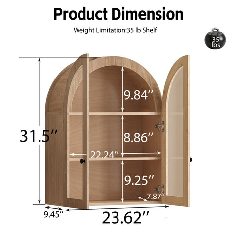 Arched Wall Cabinet with Tempered Glass Doors, Light Brown, view 7