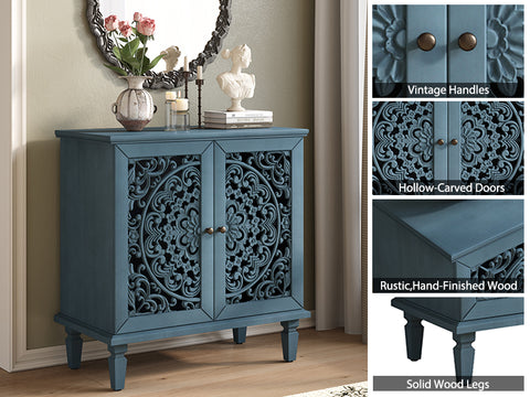Vintage Accent Cabinet with Carved Floral Doors and Solid Wood Legs, Antique Blue, view 4