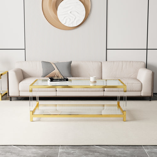 Double Layer Glass Coffee Table with Acrylic Legs and Gold Metal Frame, 47.2" x 23.6"