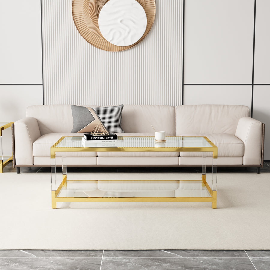 Modern Double Layer Tempered Glass Coffee Table - Acrylic Legs & Golden Metal Frame 47.2x23.6x17.7 Inch