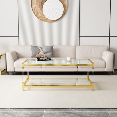 Modern Double Layer Tempered Glass Coffee Table - Acrylic Legs & Golden Metal Frame 47.2x23.6x17.7 Inch