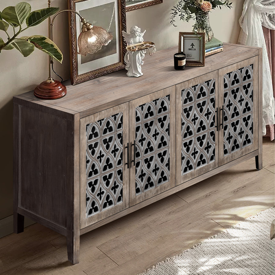 Rustic Sideboard with 4 Carved Hollow Doors, Antique Brown, view 2