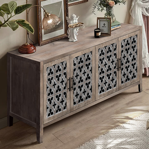 Rustic Sideboard with 4 Carved Hollow Doors, Antique Brown, view 2