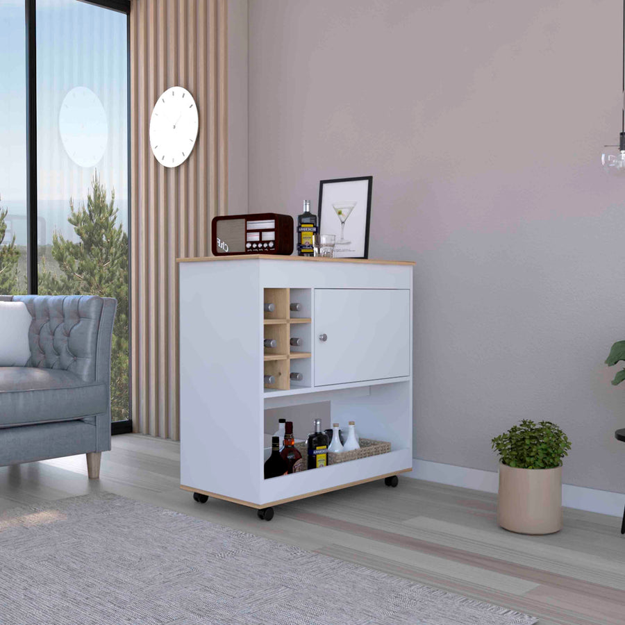 Camelia Bar Cart, Lower Panel, Six Bottle Cubbies, One Cabinet -Light Oak / White