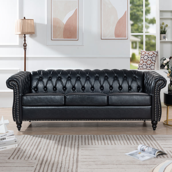 Chesterfield Sofa with Rolled Arms, 84.65" Three-Seater Couch, Black Faux Leather