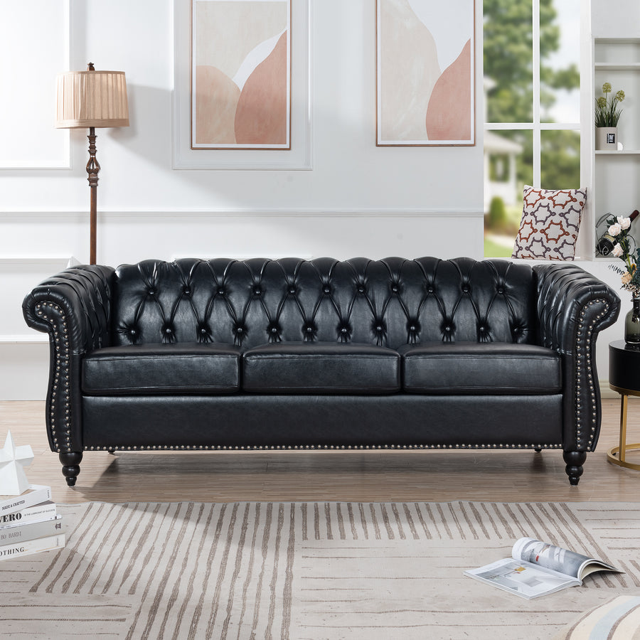 84.65' Black PU Chesterfield Sofa – Rolled Arm, Classic Three-Seater Couch