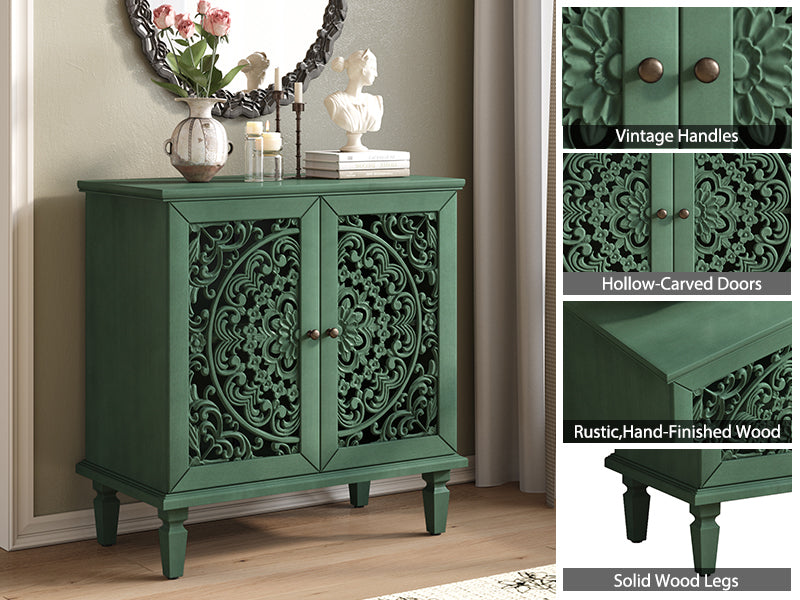 Vintage Accent Cabinet with Carved Floral Doors and Solid Wood Legs, Antique Green, view 5