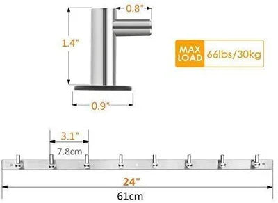 Amzdeal Wall Mounted Coat Rack - 8 Pegs 24" Modern Hook Rail for Clothes Caps Hats Belts Keys, Anti-Rust, Sturdy, Heavy Duty, 304 Stainless Steel, Silver, Can Hold 30kg