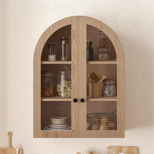 Arched Wall Cabinet with Tempered Glass Doors, Wood Veneer Bathroom Storage Cabinet, Light Brown