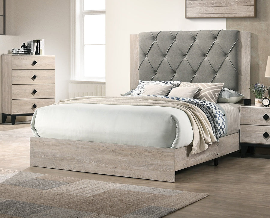Contemporary Queen Bed with Gray Tufted Headboard, Cream, view 3