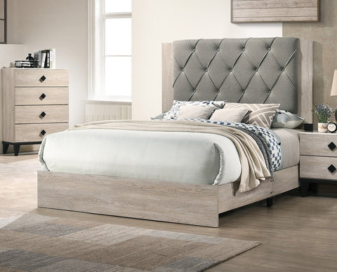 Contemporary California King Bed with Gray Tufted Headboard, Cream, view 3