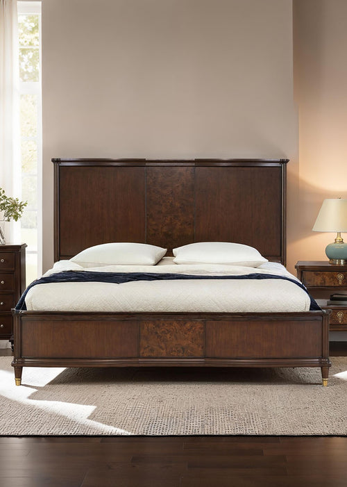 Regency-Style King Panel Bed with Burl Veneer, Reading LED and Gold-Capped Legs, Dark Cherry