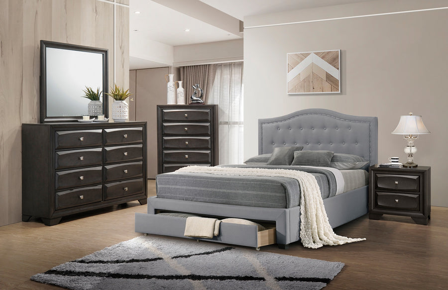 Twin Upholstered Bed with Arched Button-Tufted Headboard and Storage Drawer, Light Gray, view 8