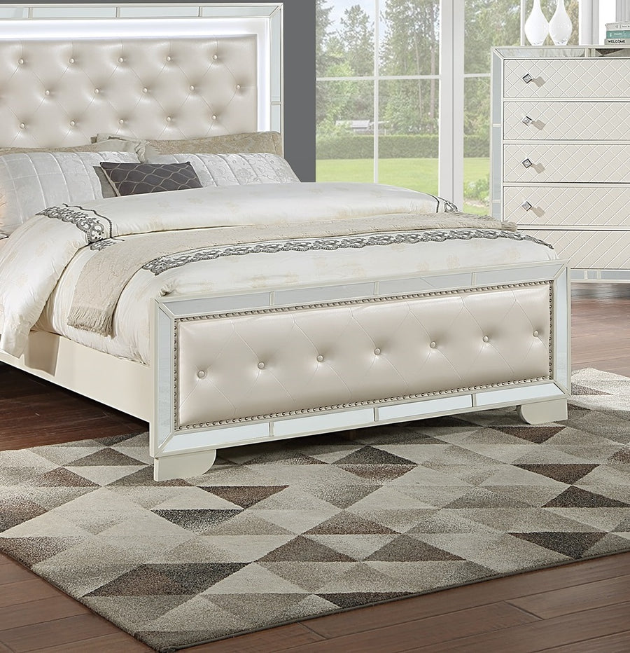 Tufted Faux Leather Queen Bed with LED Lights and Mirror Trim, Cream, view 4