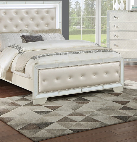 Tufted Faux Leather Queen Bed with LED Lights and Mirror Trim, Cream, view 4