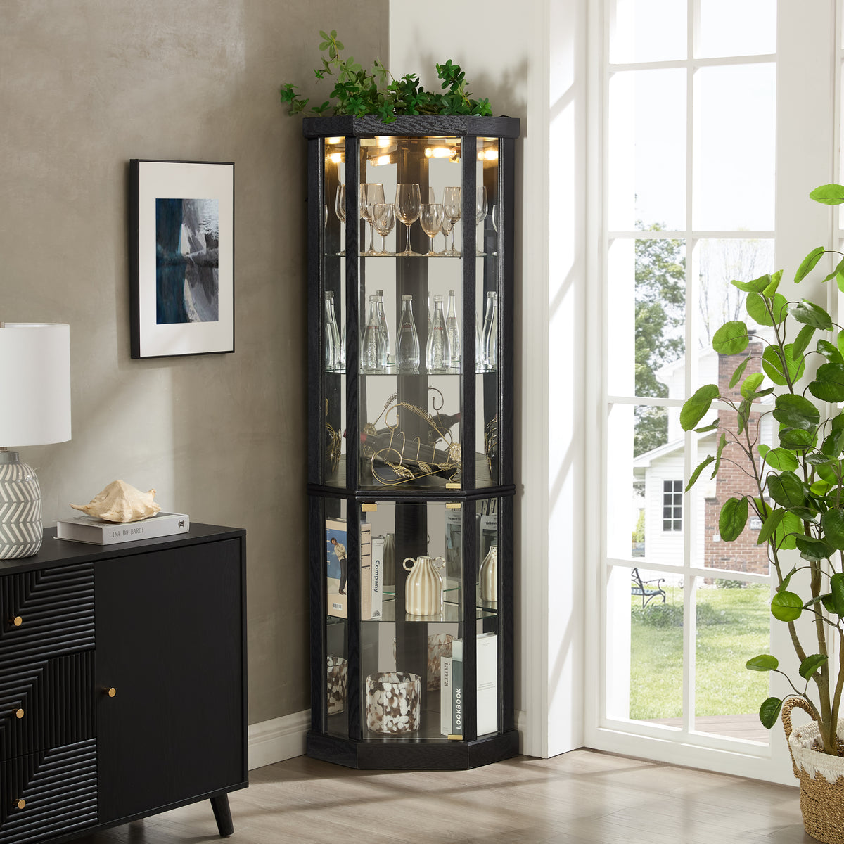 Lighted Corner Curio Cabinet with Glass Doors and Mirrored Back, Black