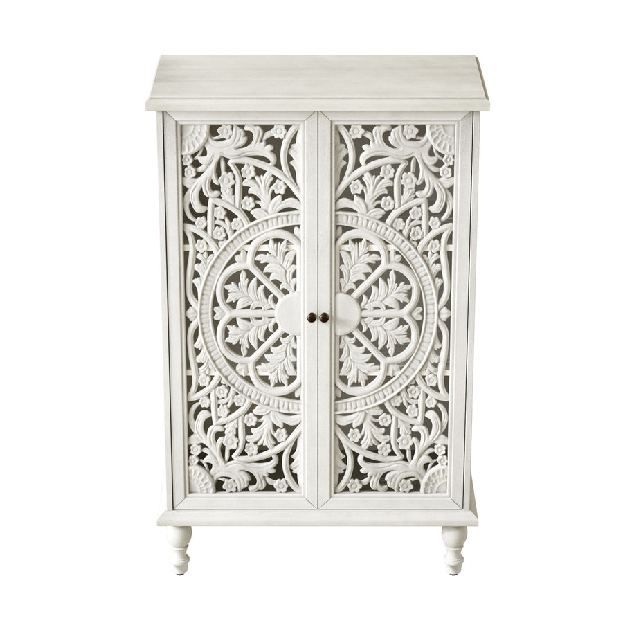 Farmhouse Accent Cabinet with Carved Hollow Doors and Turned Legs, Antique White, view 13