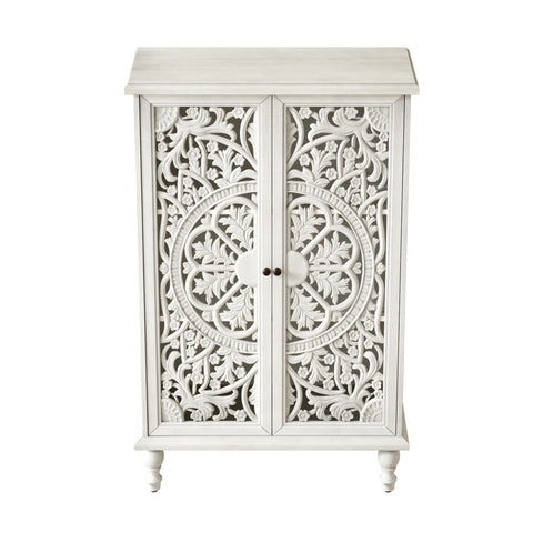 Farmhouse Accent Cabinet with Carved Hollow Doors and Turned Legs, Antique White, view 13