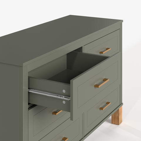 Mid-Century 6-Drawer Double Dresser with Metal Handles and Solid Wood Legs, Olive, view 16