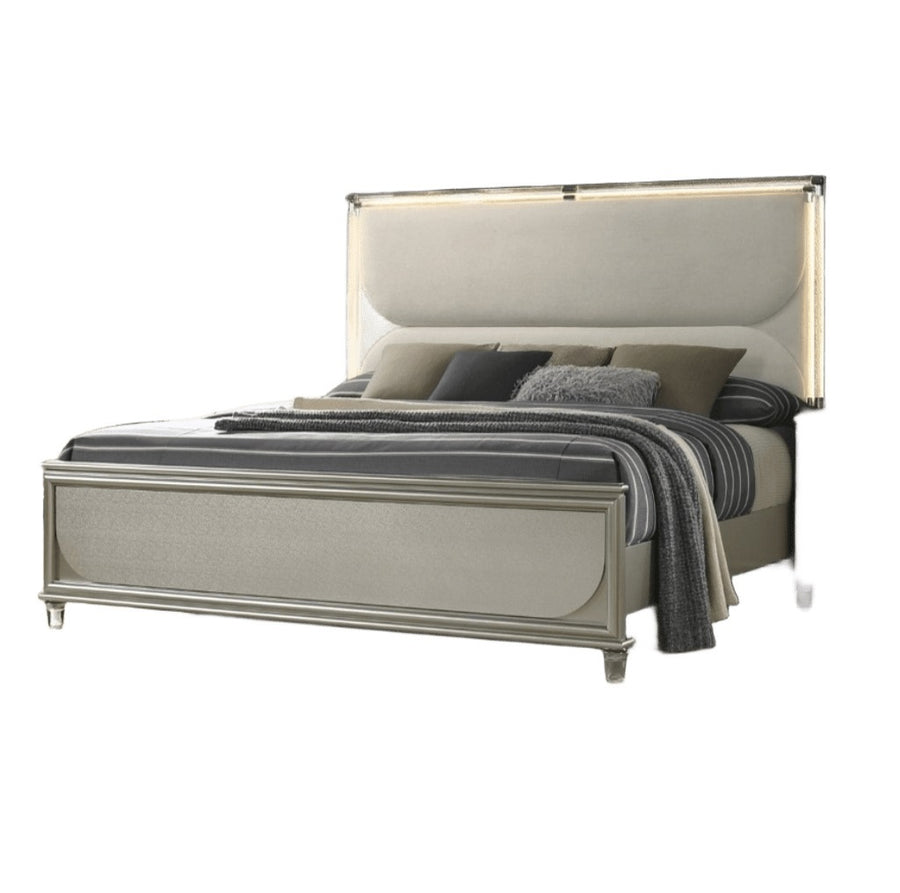 Glam Upholstered Queen Bed with LED Acrylic Headboard and Mirrored Embossed Panels, Silver, view 6