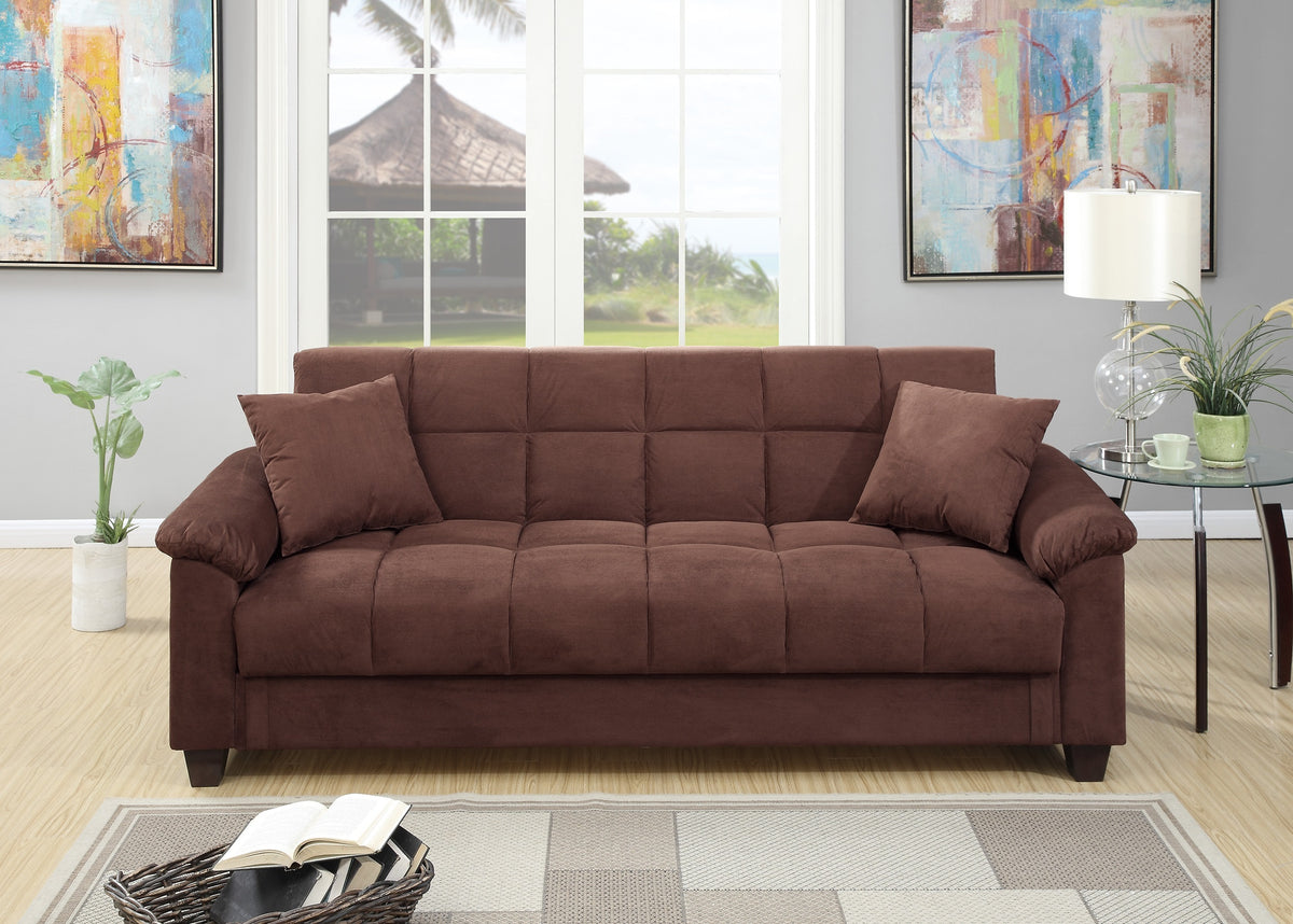 Chocolate Microfiber Adjustable Futon Sofa | Plush Storage Couch w/ Pillows