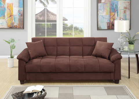 Chocolate Microfiber Adjustable Futon Sofa | Plush Storage Couch w/ Pillows