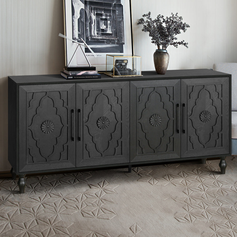 Carved Door Sideboard Buffet Cabinet, Black, view 2
