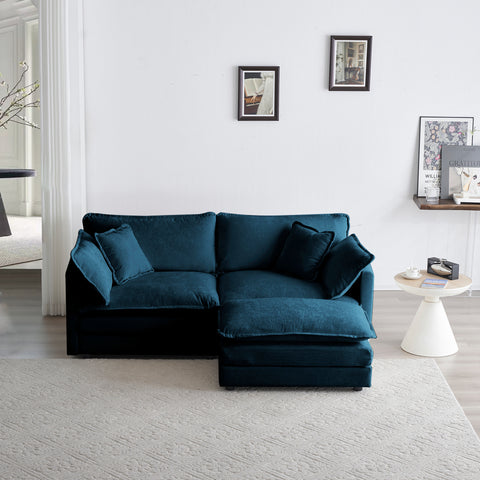 Blue Chenille 2-Seat L-Shaped Sofa | W/ Footrest Ottoman Small Space Loveseat