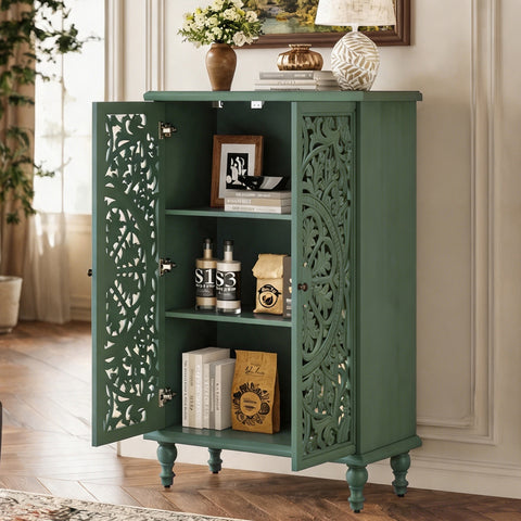 Farmhouse Accent Cabinet with Carved Hollow Doors and Turned Legs, Antique Green, view 5