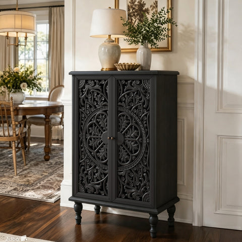 Farmhouse Accent Cabinet with Carved Hollow Doors and Turned Legs, Black, view 4