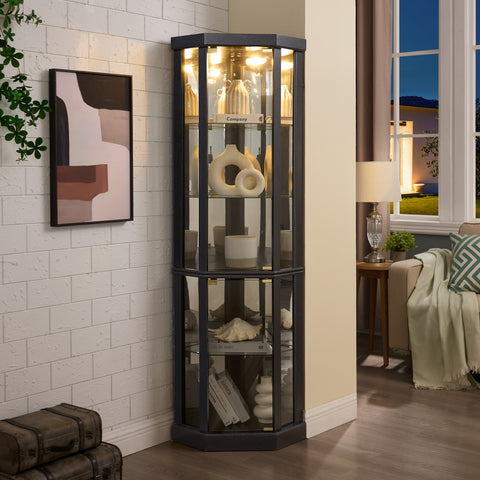 Lighted Corner Curio Cabinet with Glass Doors and Mirrored Back, Black, view 6