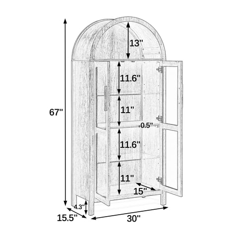 Arched Display Cabinet with Built-In Light and Adjustable Glass Shelves, Black, view 14