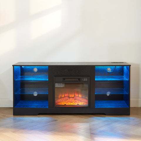 Electric Fireplace TV Stand with LED Lights and Glass Shelves, Black, view 14