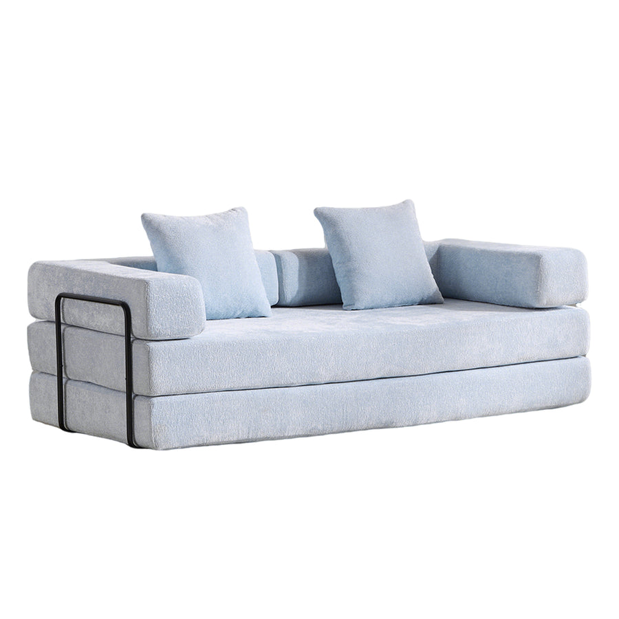 Light Blue Chenille Convertible Floor Sofa - Pillow Back & Armrest