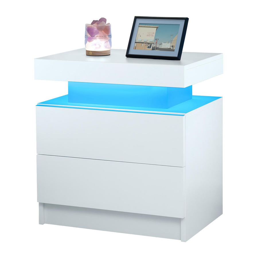 Modern LED Bedside Table - White Engineered Wood 2-Drawer with Adjustable Lights (19.3'x13.7'x20.5')