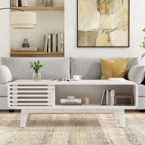 Farmhouse Coffee Table with Storage Compartments, 43" Mid-Century Wood, White