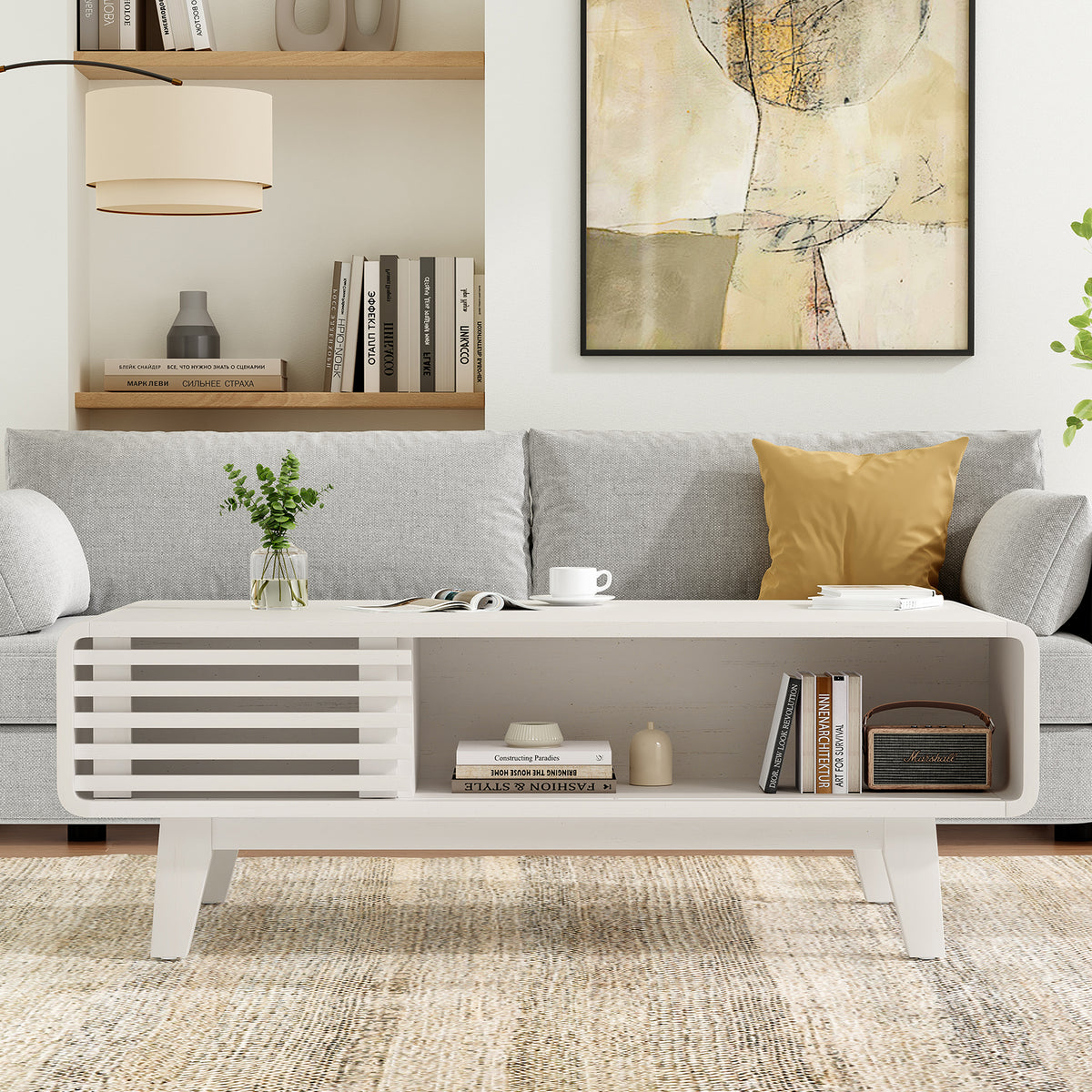 Mid Century Farmhouse Wood Coffee Table - Modern with Storage