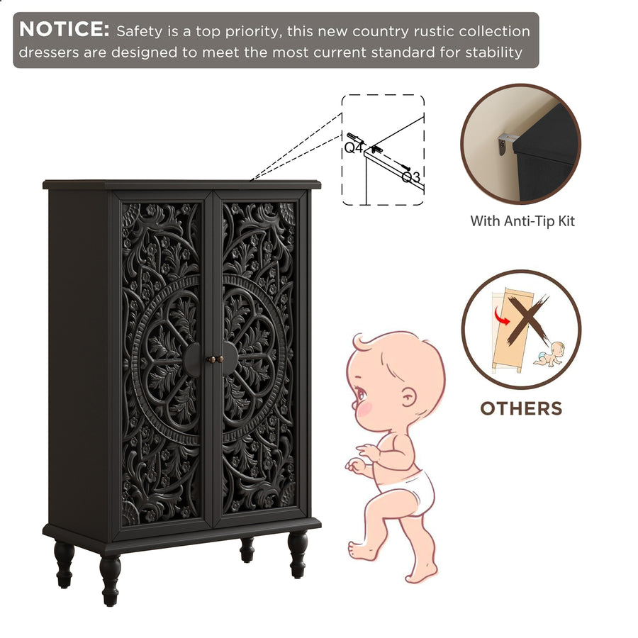 Farmhouse Accent Cabinet with Carved Hollow Doors and Turned Legs, Black, view 11