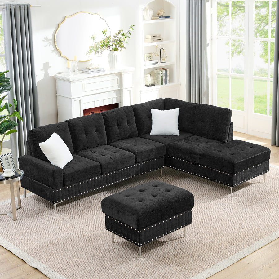 Black 3-Seater Sectional Sofa - Chaise & Storage Ottoman
