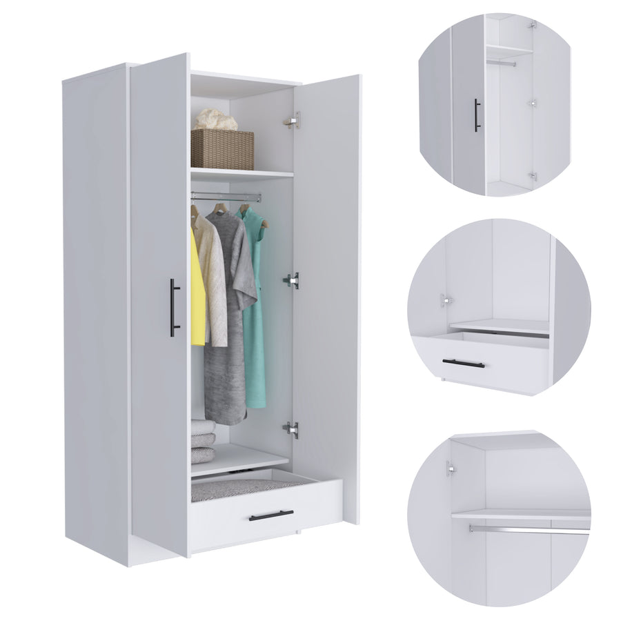 Ambery 71-inch white two-door armoire with drawer and hanging rod - view 9
