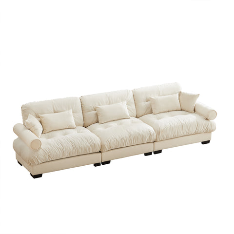 Cream Velvet 3-Seat Sofa | Cloud-Like Comfort w/ Waist & Throw Pillows