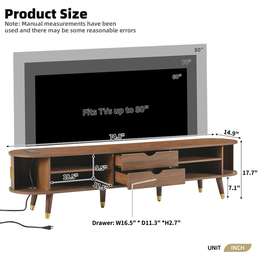 Fluted Oval TV Stand with Charging Station, Walnut, view 7