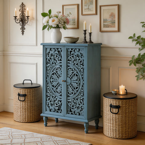 Farmhouse Accent Cabinet with Carved Hollow Doors and Turned Legs, Antique Blue, view 3