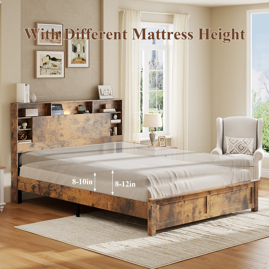 Queen Bed Frame with Bookcase Headboard, Dark Brown, view 7